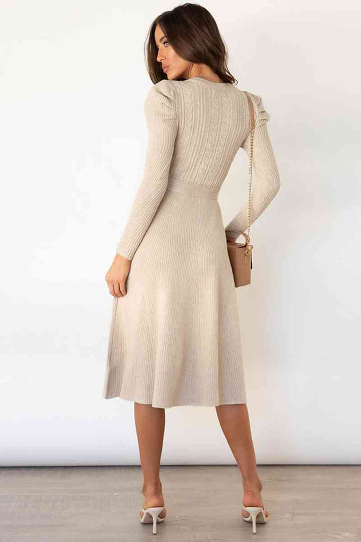 Audrey | Women's Cable Knit Dress with Puff Shoulders