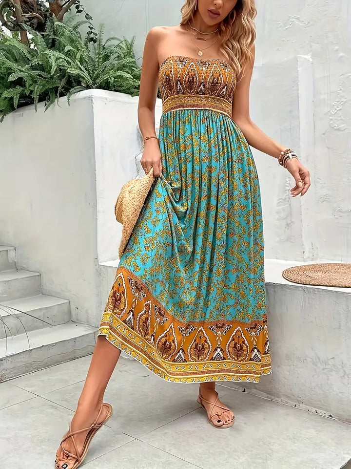 Solène | Boho Bandeau Printed Womens Pleated Midi Dress