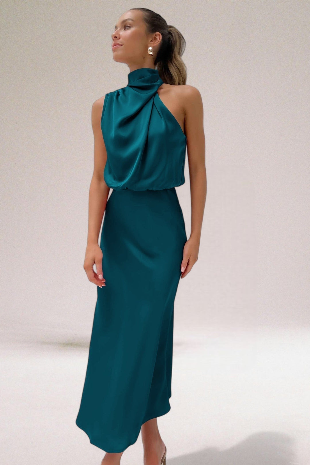 Margaux | Satin Halter Neck Draped Formal Maxi Dress