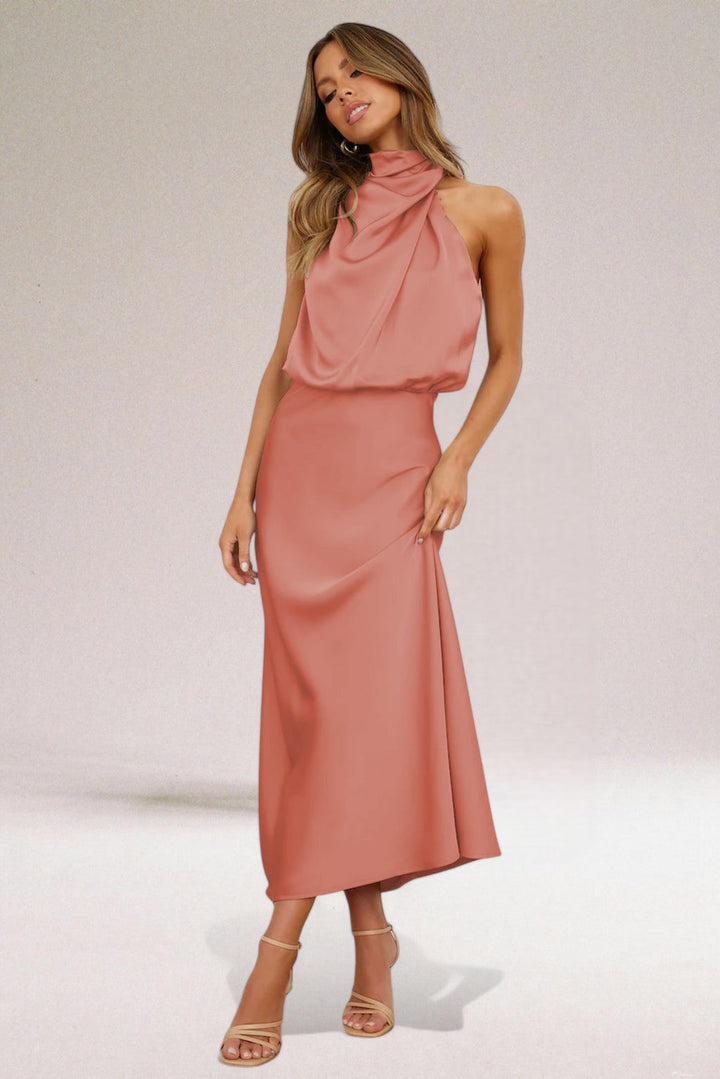 Margaux | Halter Neck Satin Maxi Dress with Draped Bodice