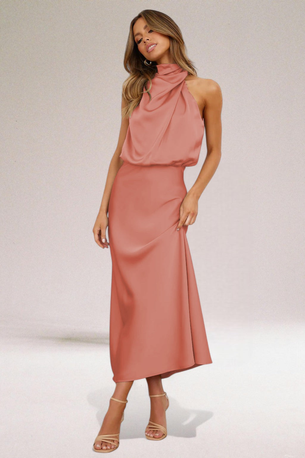 Calista | Draped Satin Halter Dress Wedding Guest Maxi