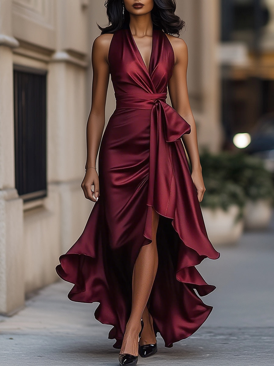 Arabella | Satin Halter Wrap Formal Maxi Dress with Ruffle Hem