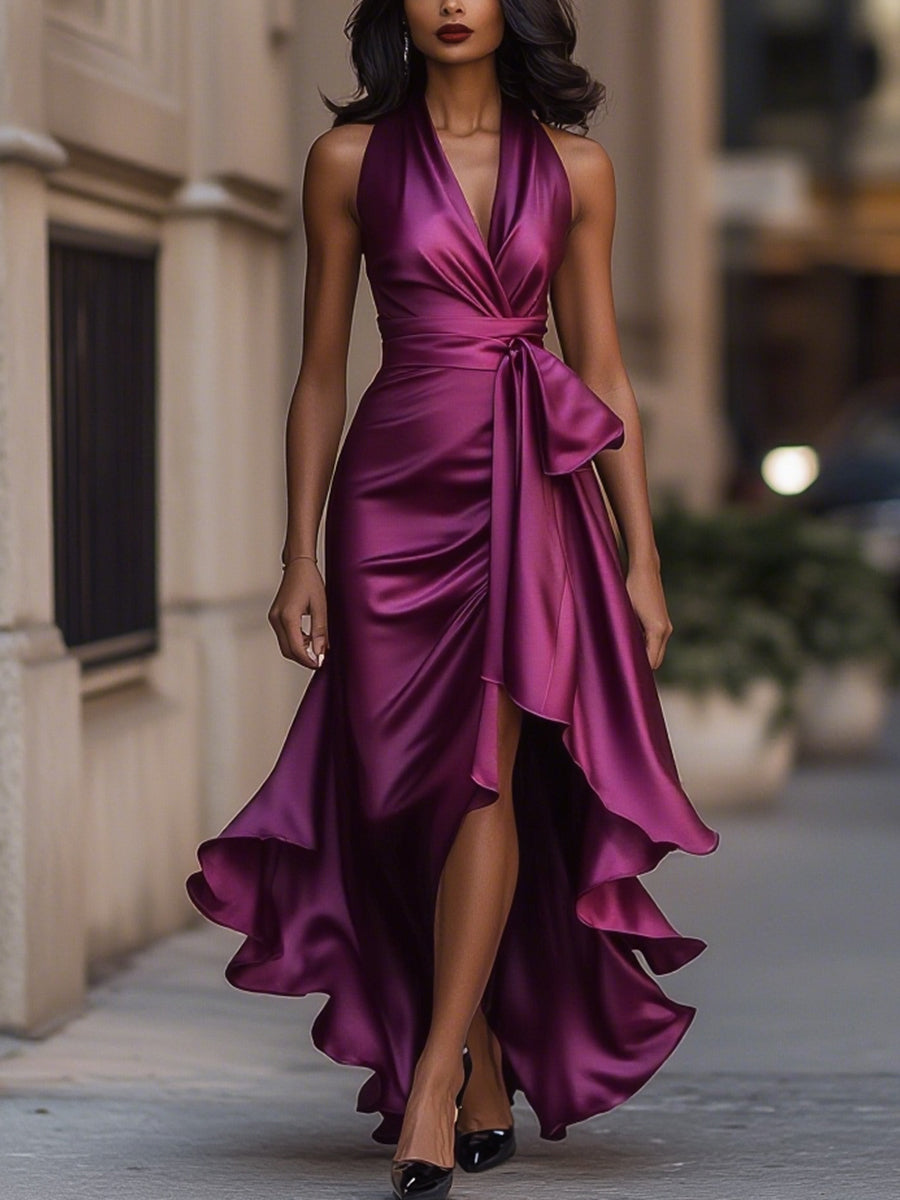 Nadine | Halter Neck Satin Maxi Dress with Bow Tie and Ruffle Hem
