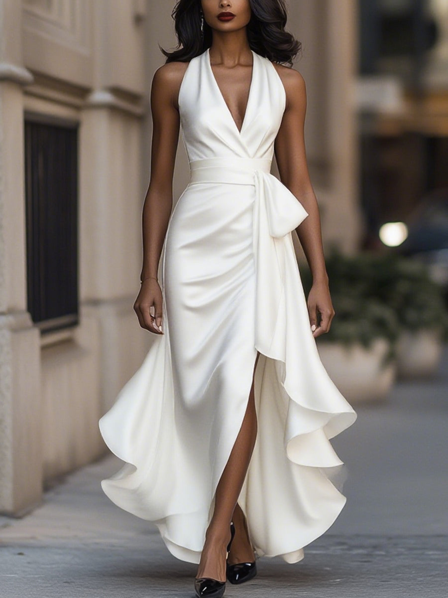 Nadine | Halter Neck Satin Maxi Dress with Bow Tie and Ruffle Hem