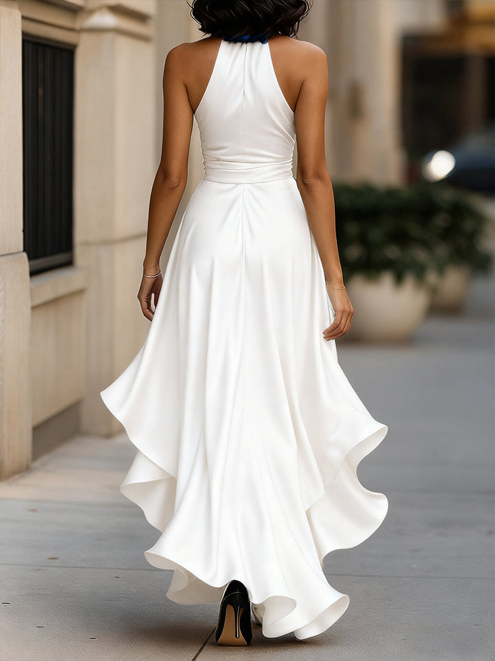 Nadine | Halter Neck Satin Maxi Dress with Bow Tie and Ruffle Hem