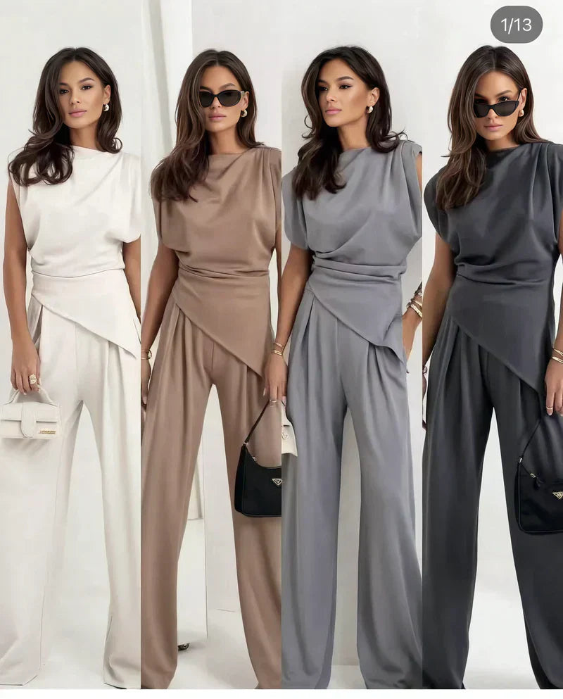 Rivelle | Padded Shoulder Gathered Waist Wide-Leg Sets