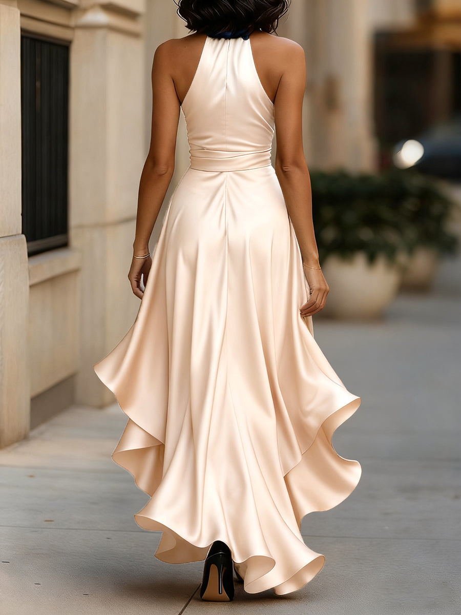 Nadine | Halter Neck Satin Maxi Dress with Bow Tie and Ruffle Hem
