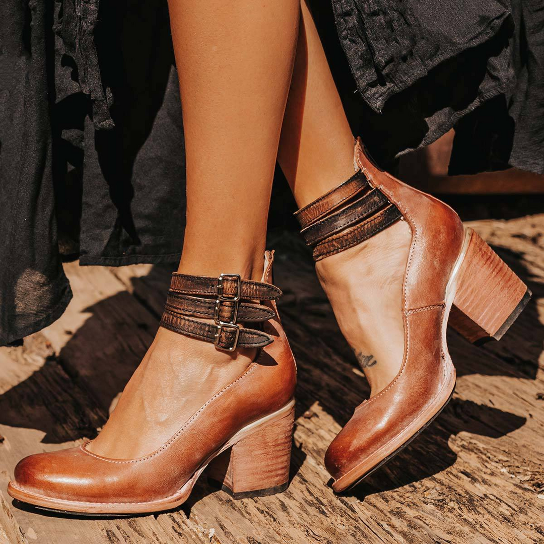 Mustang | Double Buckle Ankle Strap Stacked Block Heels