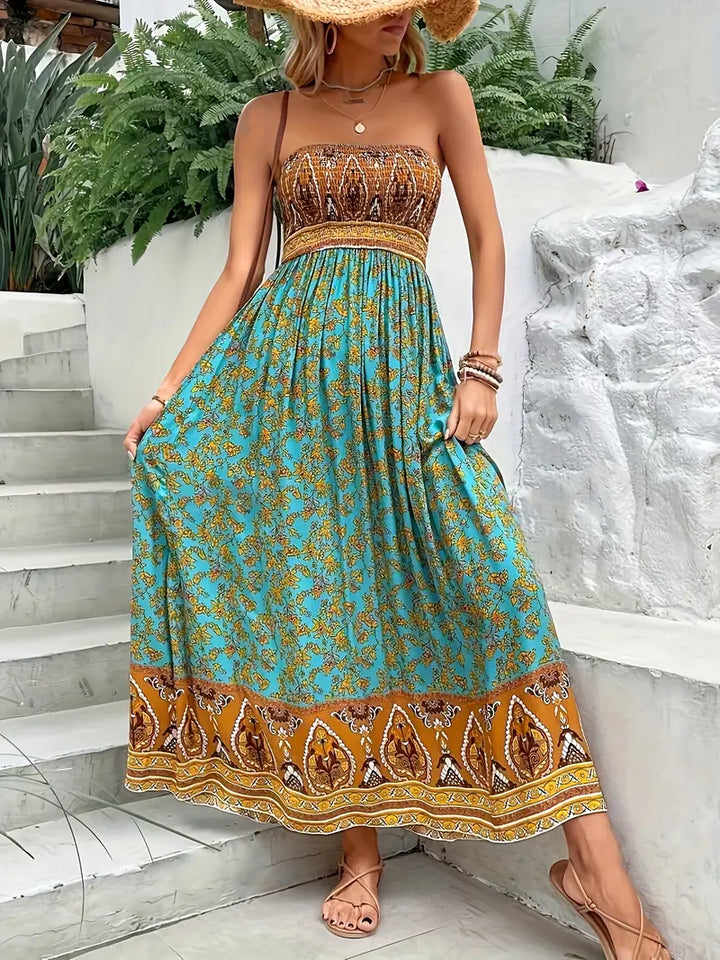 Solène | Boho Bandeau Printed Womens Pleated Midi Dress