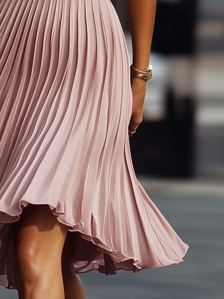 Halette | Halter-Neck Ribbed Womens Pleated Midi Dress