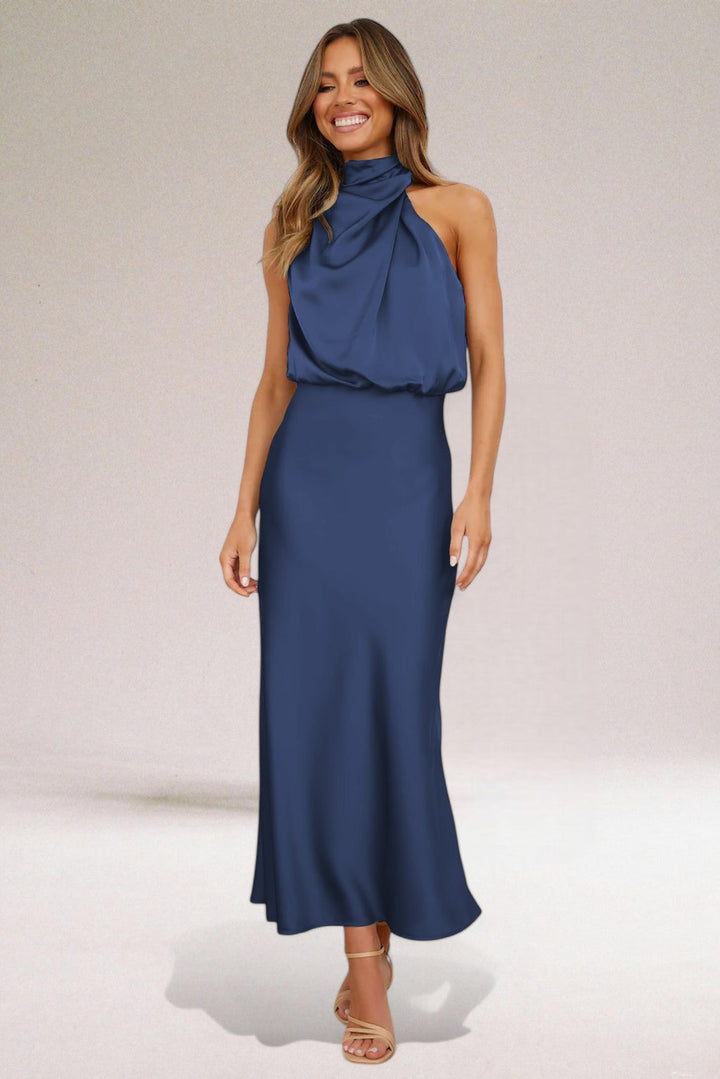 Margaux | Halter Neck Satin Maxi Dress with Draped Bodice