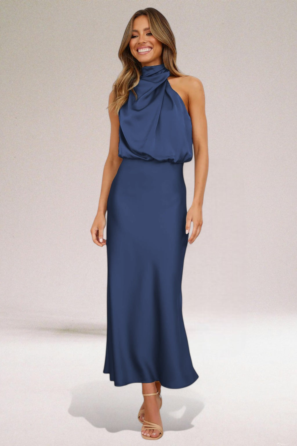 Calista | Draped Satin Halter Dress Wedding Guest Maxi