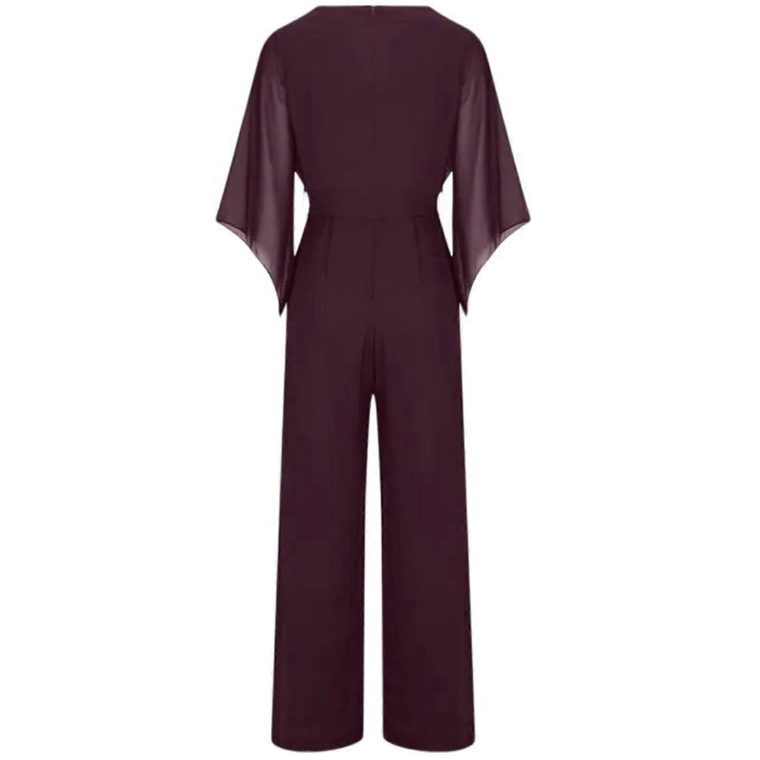 Elodie | Cowl Neck Jersey Jumpsuit with Chiffon Cape Sleeves and Belt