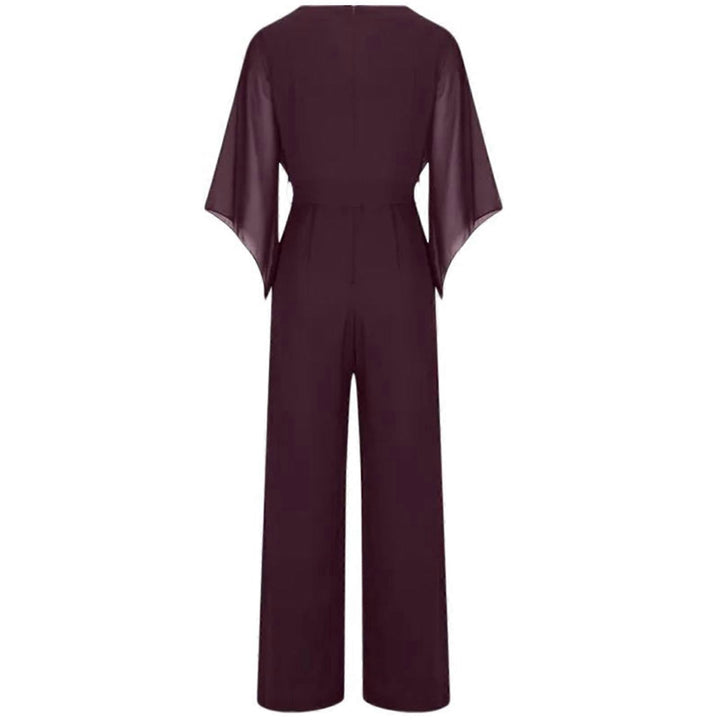 Elodie | Cowl Neck Jersey Jumpsuit with Chiffon Cape Sleeves and Belt