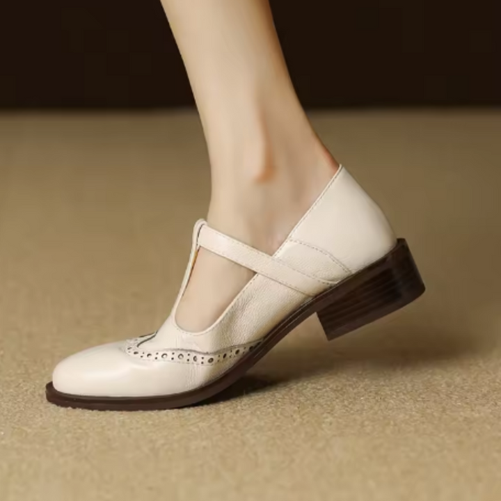Clementine | Brogue T-Bar Mary Jane Flats with Gold Buckle