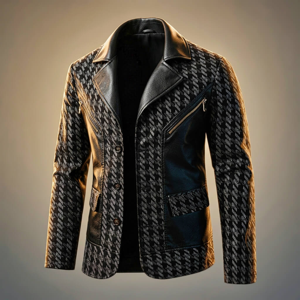 Hawthorne | Houndstooth Blazer with Leather Trim and Gold Zips