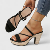 Riviera | Strappy Open Toe Raffia Platform Block Heels