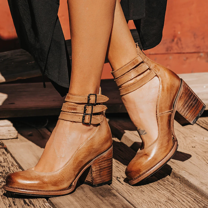 Mustang | Double Buckle Ankle Strap Stacked Block Heels