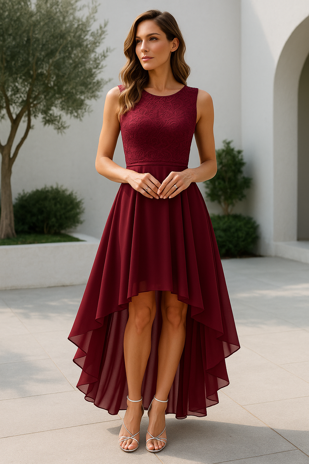 Vivienne | Women's Sleeveless Midi Wedding Guest Dress – High-Low Hem