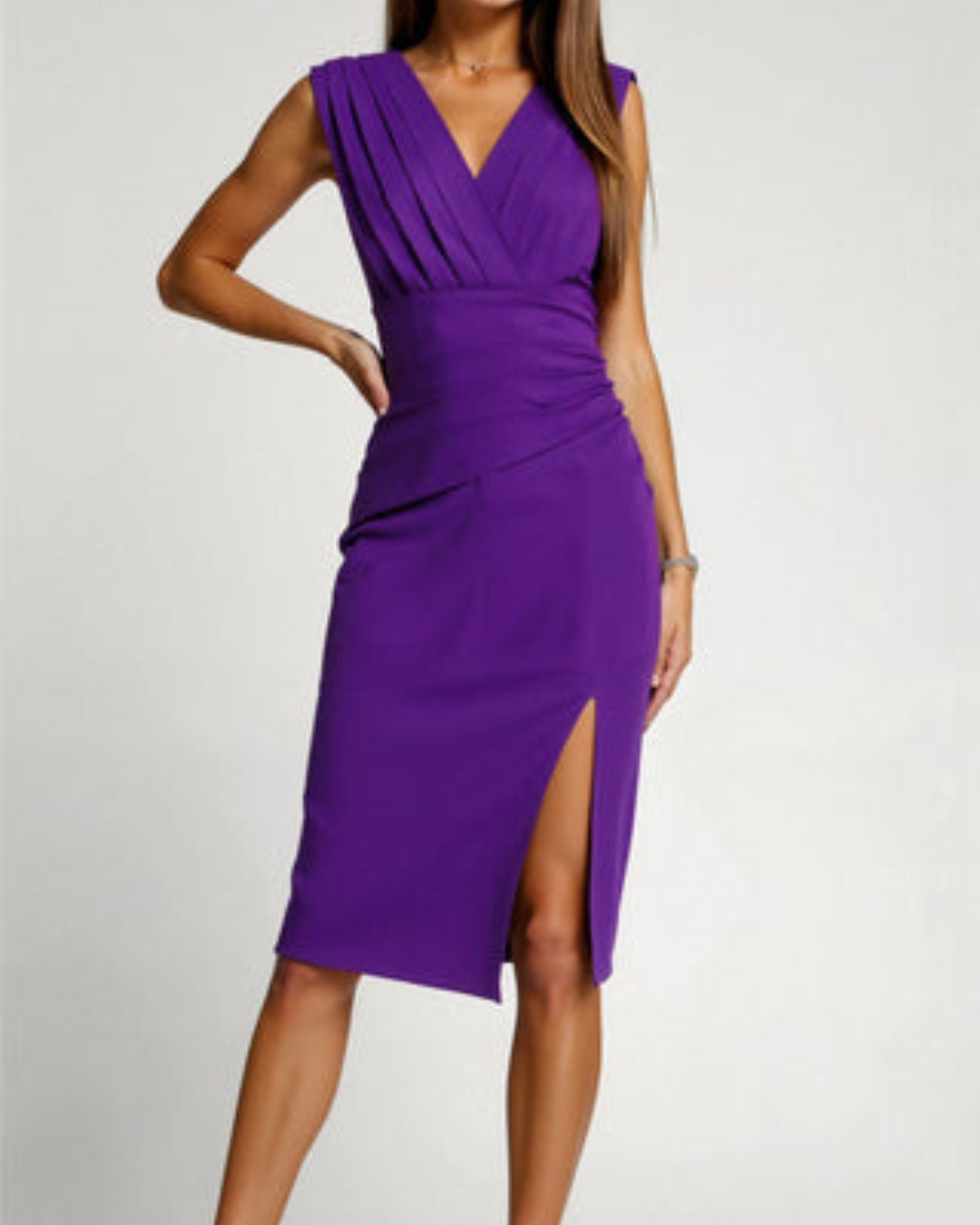 Clarissa | Ruched V-Neck Midi Formal Dress with Split