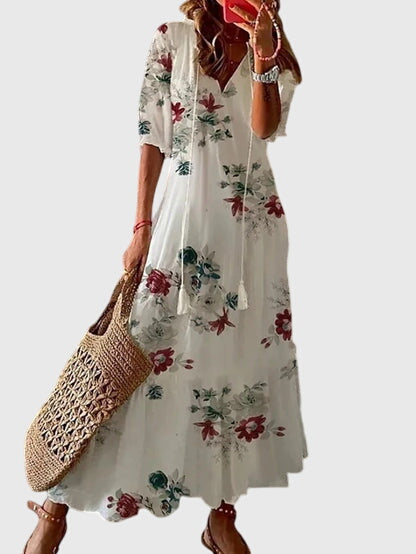 Izara | Ikat Print Tassel Tie Maxi Summer Dress