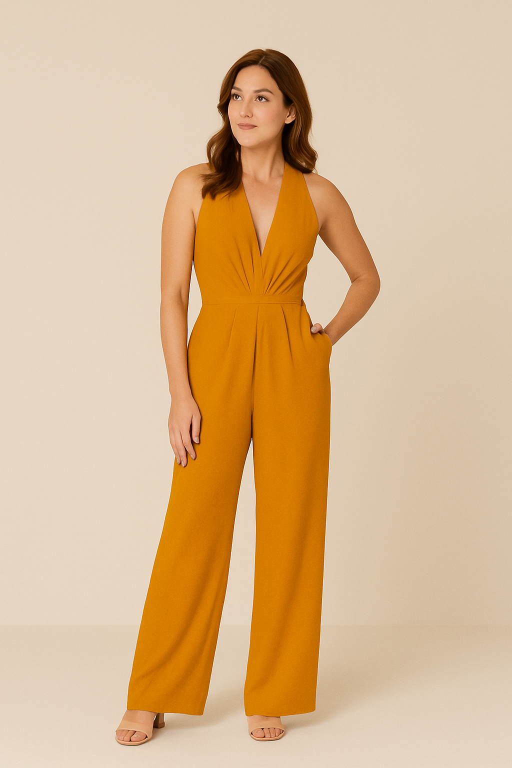 Ashford | Plunge Halter Neck Jumpsuit with Wide Leg Trousers and Pockets