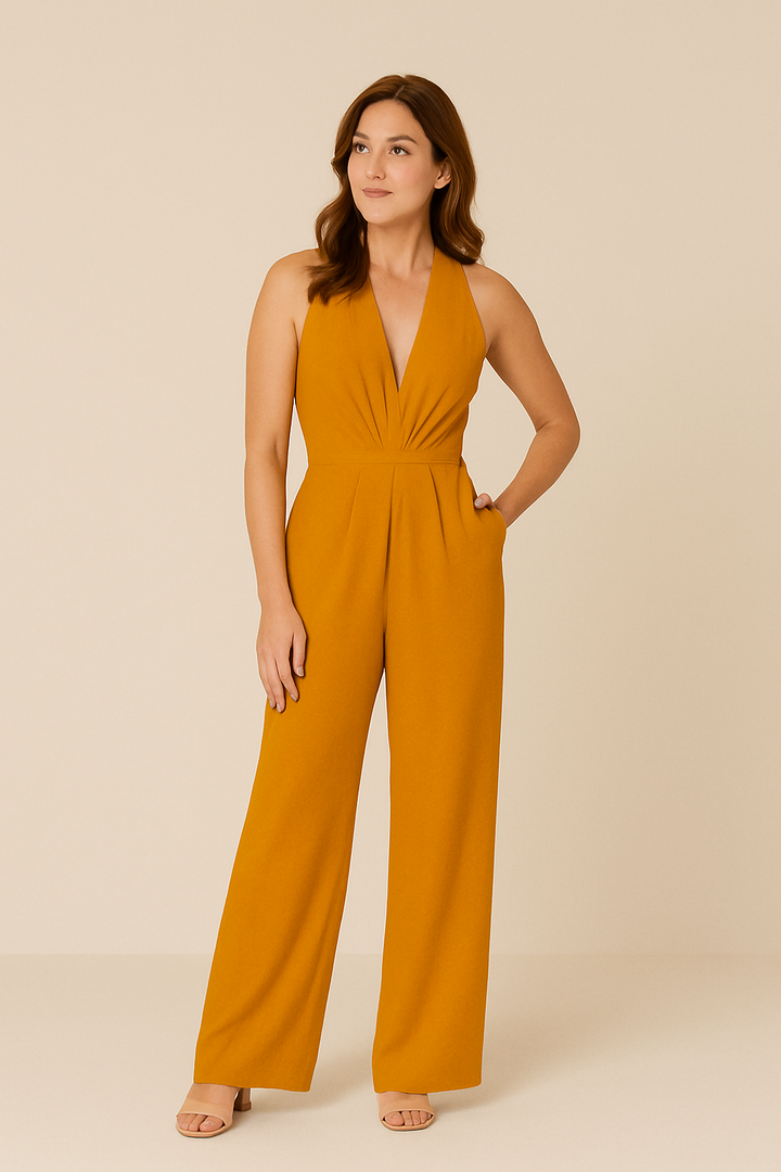 Ashford | Plunge Halter Neck Jumpsuit with Wide Leg Trousers and Pockets