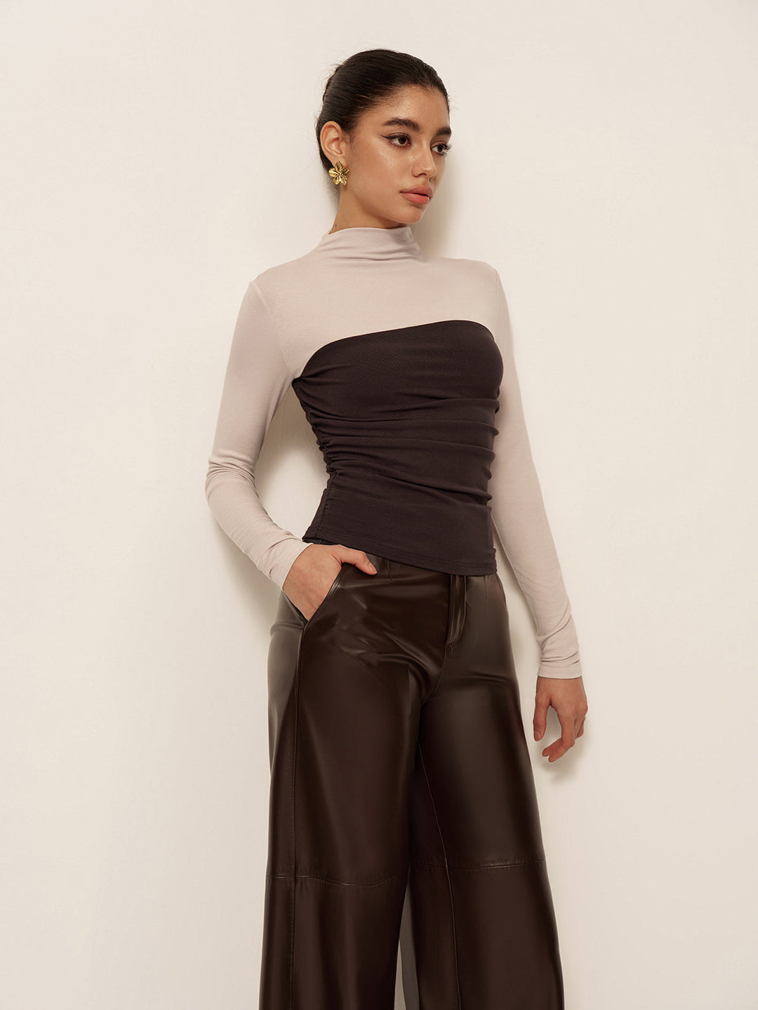 Cassia | Women's Mock Neck Color Block Top – Long Sleeve Jersey Design