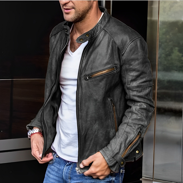 Ramone | Distressed Stand Collar Café Racer Men's Leather Jackets