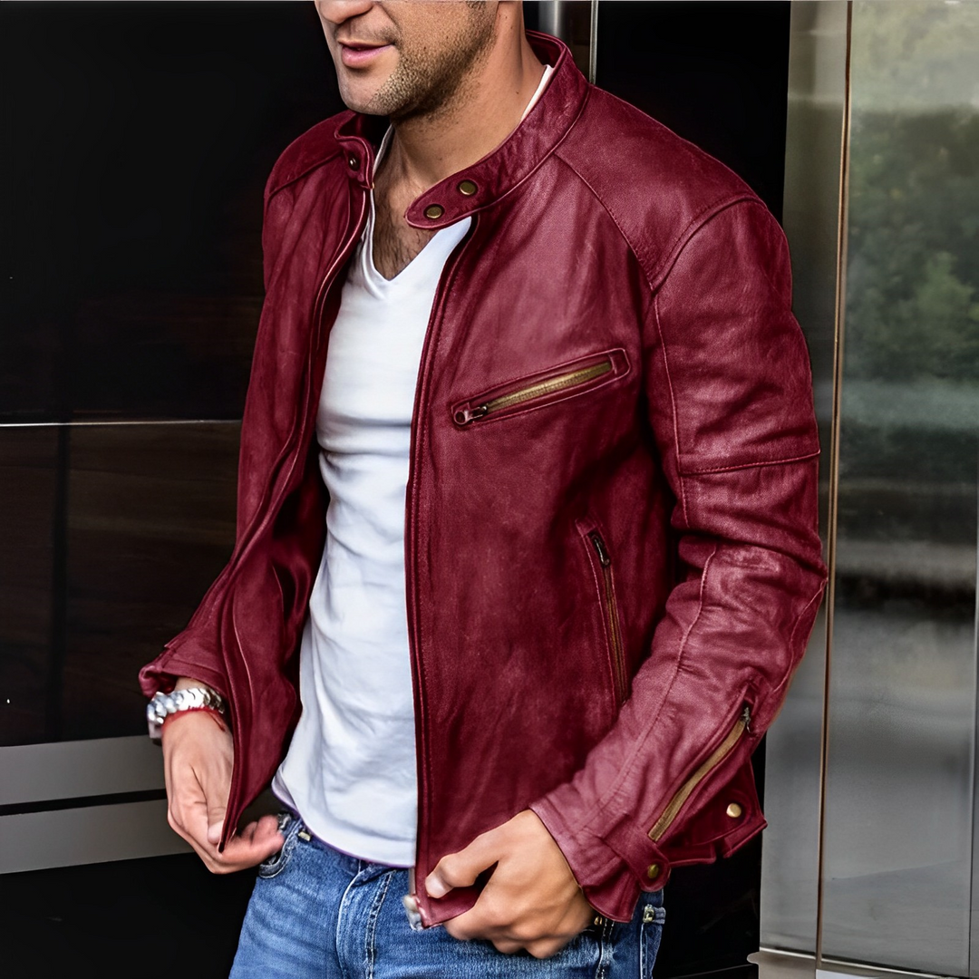 Ramone | Distressed Stand Collar Café Racer Men's Leather Jackets