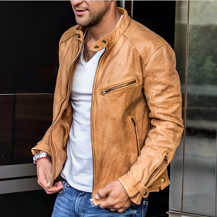 Ramone | Distressed Stand Collar Café Racer Men's Leather Jackets