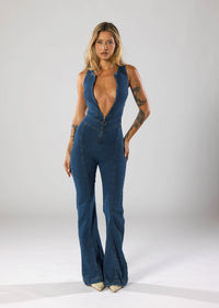 Hendrix | Deep Plunge Zip-Front Denim Jumpsuit with Flared Leg