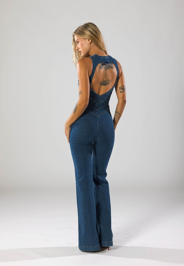 Hendrix | Deep Plunge Zip-Front Denim Jumpsuit with Flared Leg