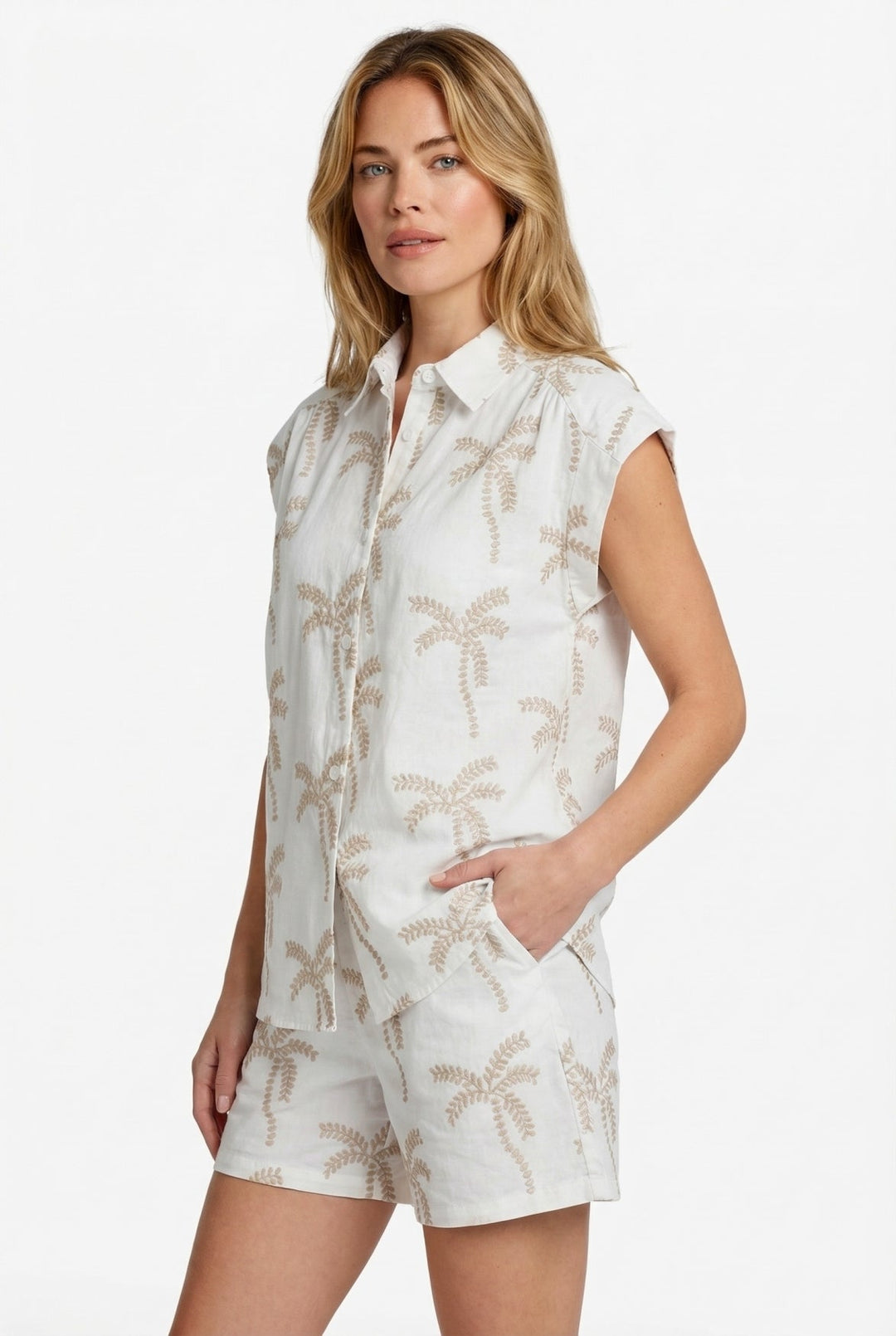 Palm Cove | Tropical Palm Print Sleeveless Tunic Blouse