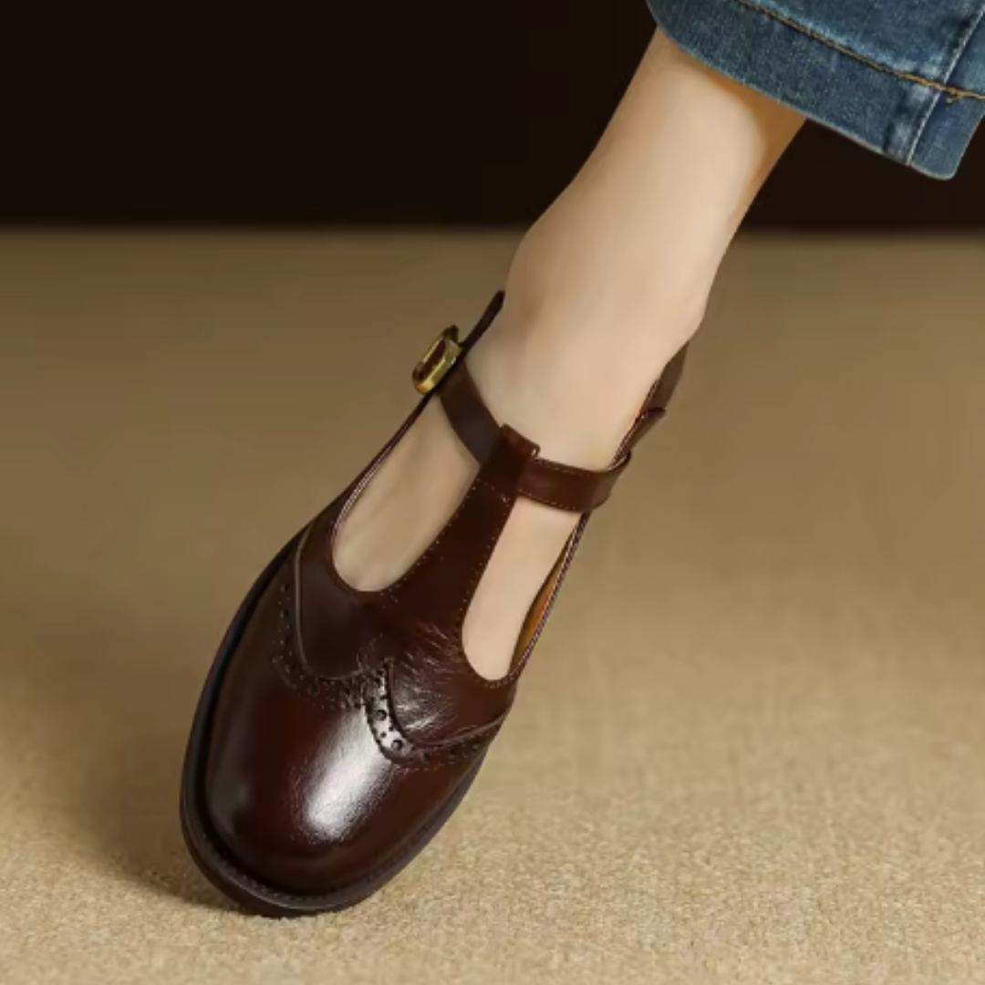 Clementine | Brogue T-Bar Mary Jane Flats with Gold Buckle