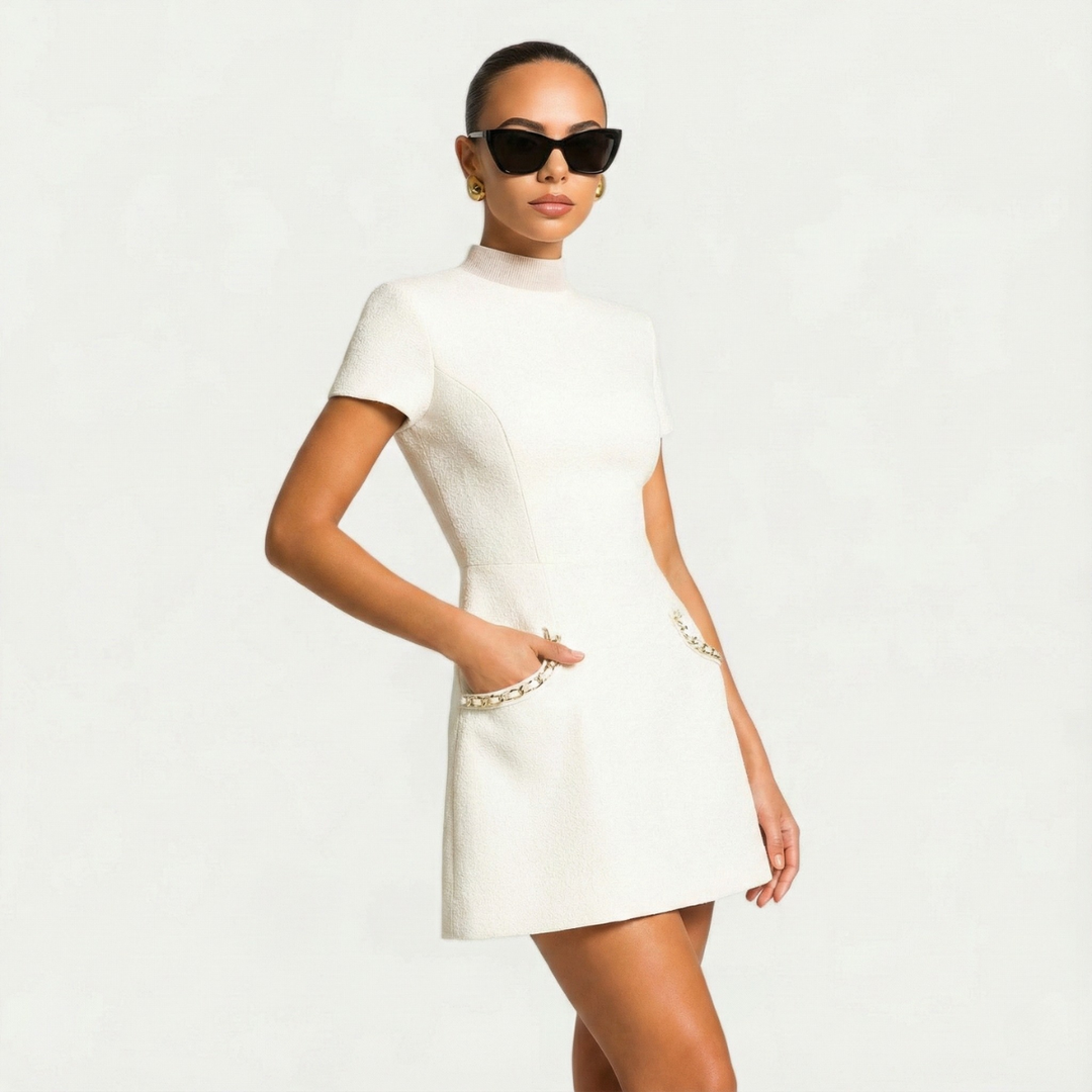 Cecelia | Pearl Trim Tweed Cap Sleeve Formal Dress