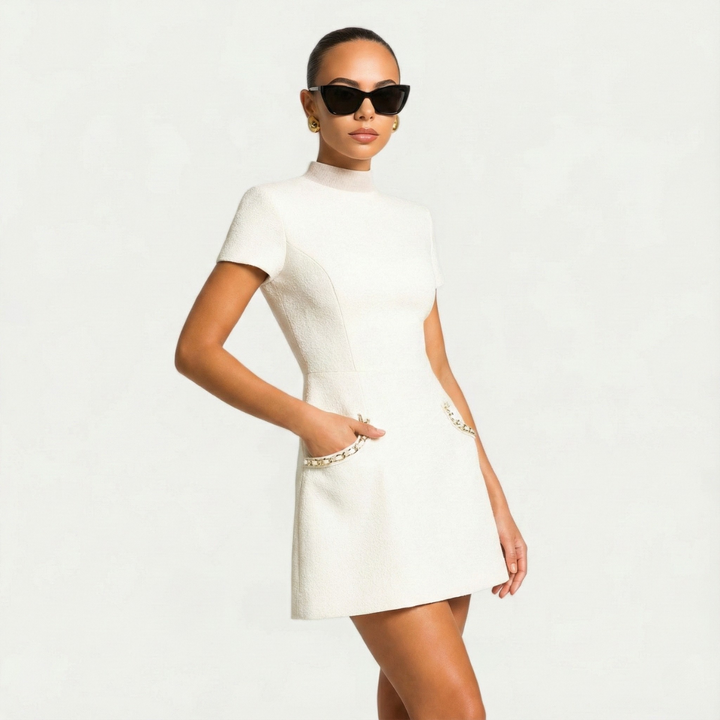 Cecelia | Pearl Trim Tweed Cap Sleeve Formal Dress