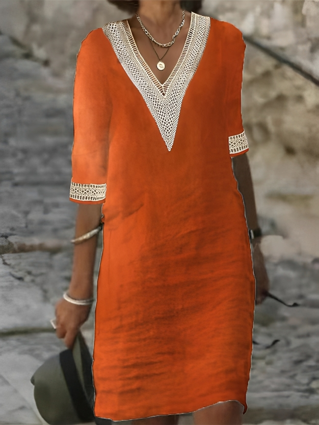 Aegean | Lace Trim V-Neck Linen Summer Dress