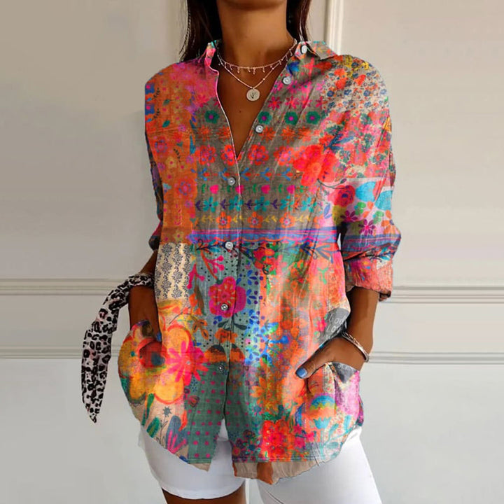 Fiesta Bloom | Vibrant Floral Patchwork Tunic Blouse