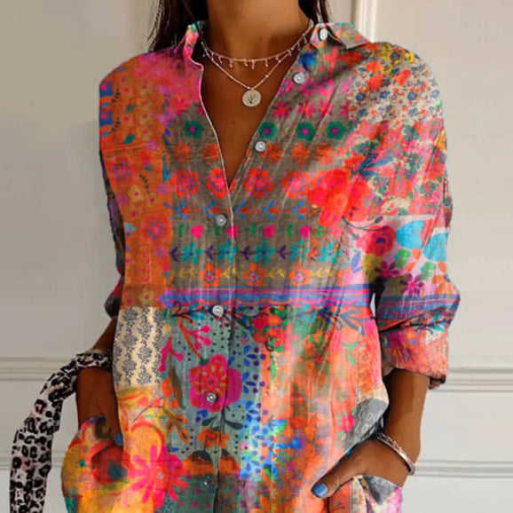 Fiesta Bloom | Vibrant Floral Patchwork Tunic Blouse