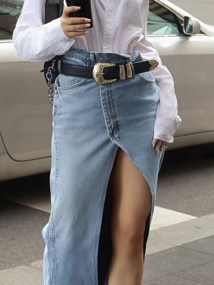 Dakota | High Waist Front Split Denim Maxi Skirt