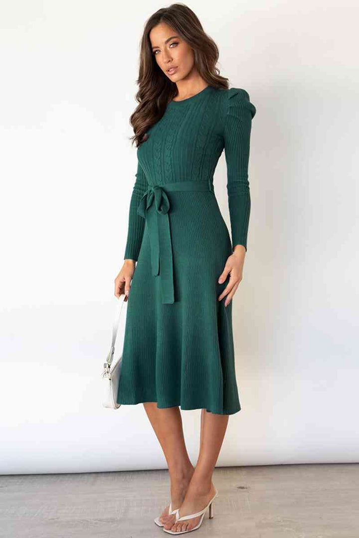 Audrey | Women's Cable Knit Dress with Puff Shoulders