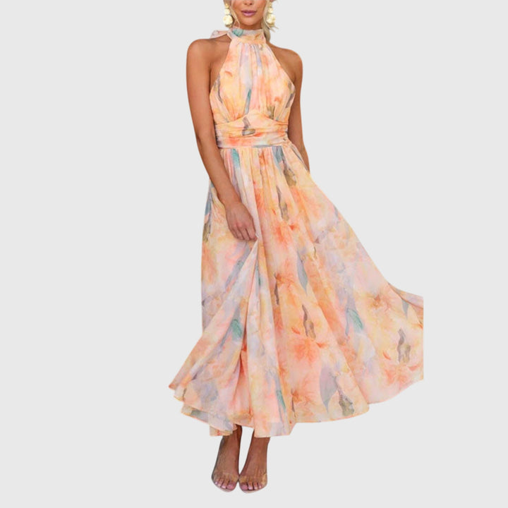 Aurore | Watercolour Ruched Halter Neck Maxi Dress