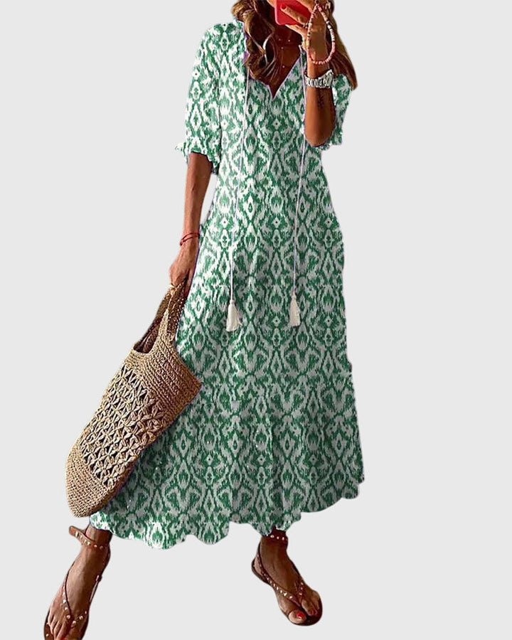 Izara | Ikat Print Tassel Tie Maxi Summer Dress