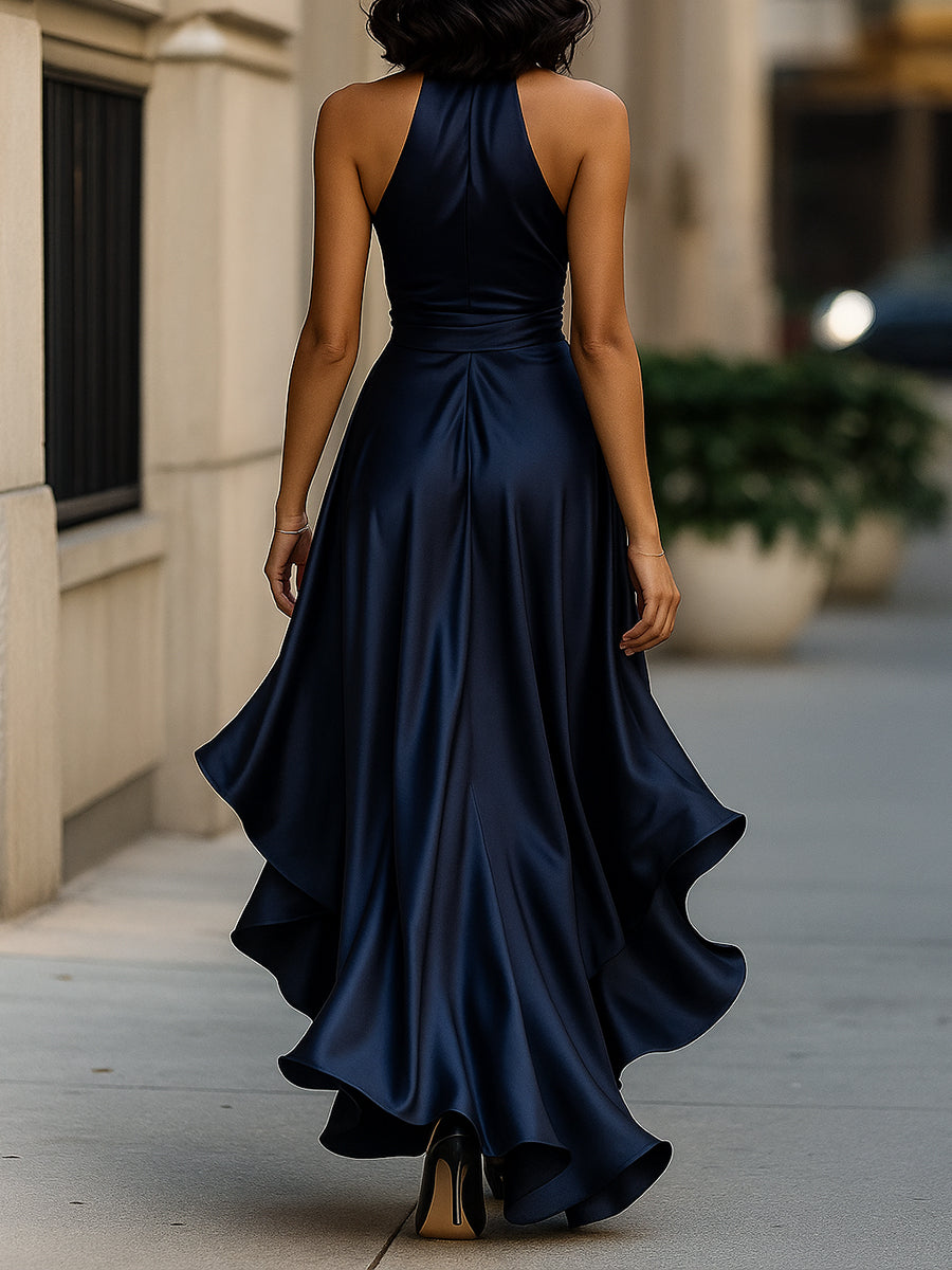 Nadine | Halter Neck Satin Maxi Dress with Bow Tie and Ruffle Hem