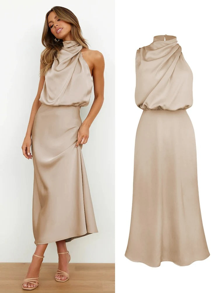 Odessa | Cowl Drape Satin Halter Neck Maxi Dress