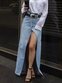 Dakota | High Waist Front Split Denim Maxi Skirt