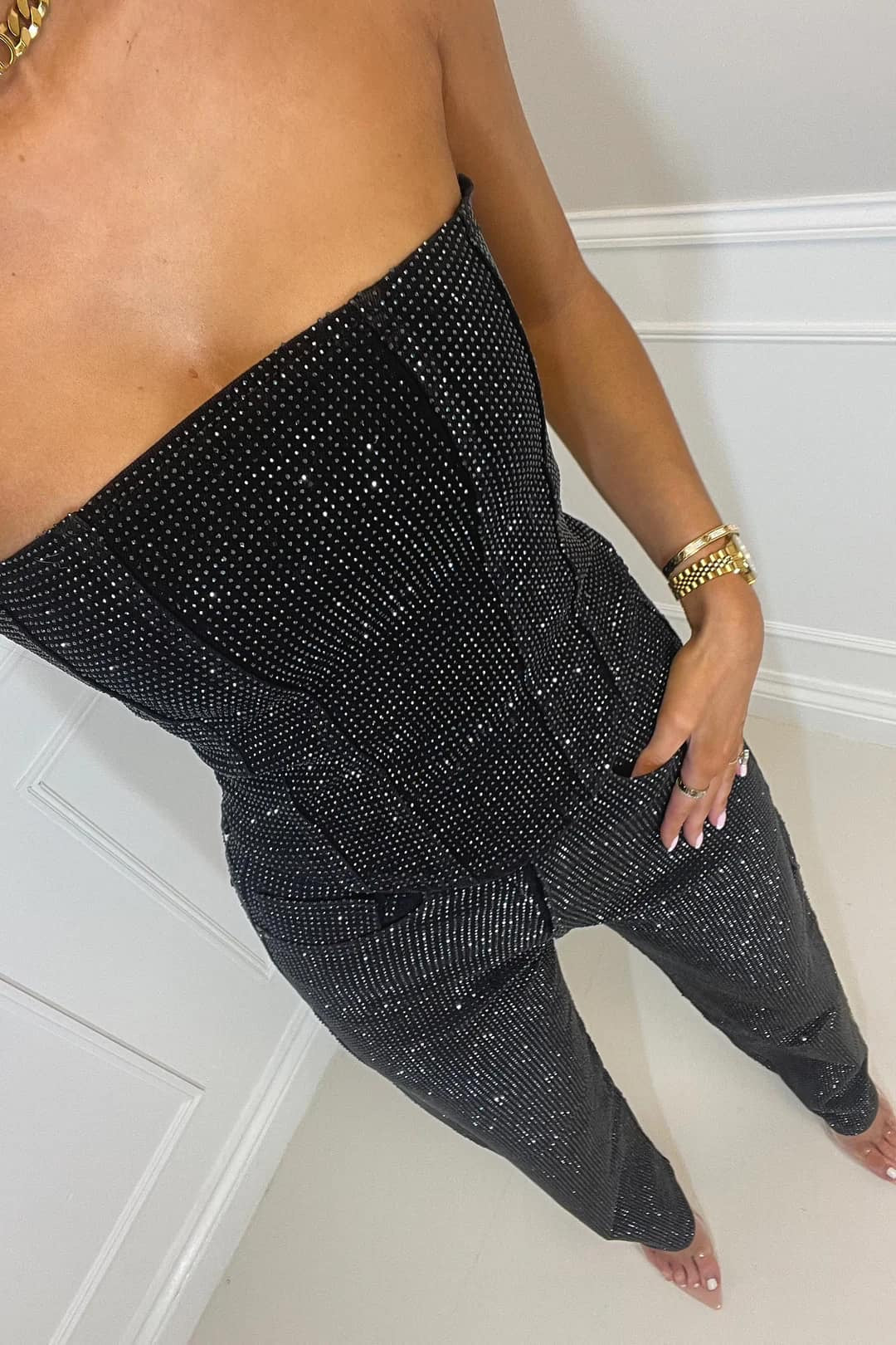 Onyx | Strapless Sequin Jumpsuit with Straight Leg Trousers