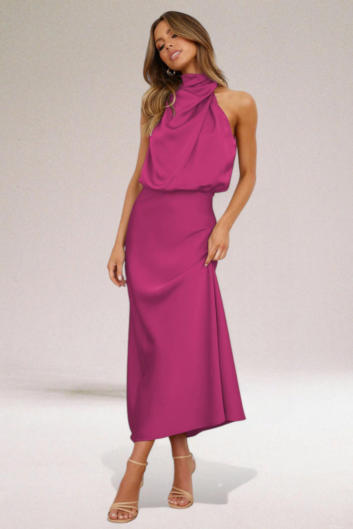 Margaux | Satin Halter Neck Draped Formal Maxi Dress
