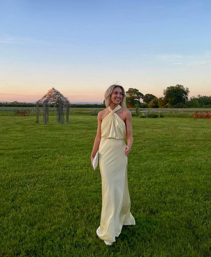 Lisette | Knotted Twist Satin Halter Neck Maxi Dress